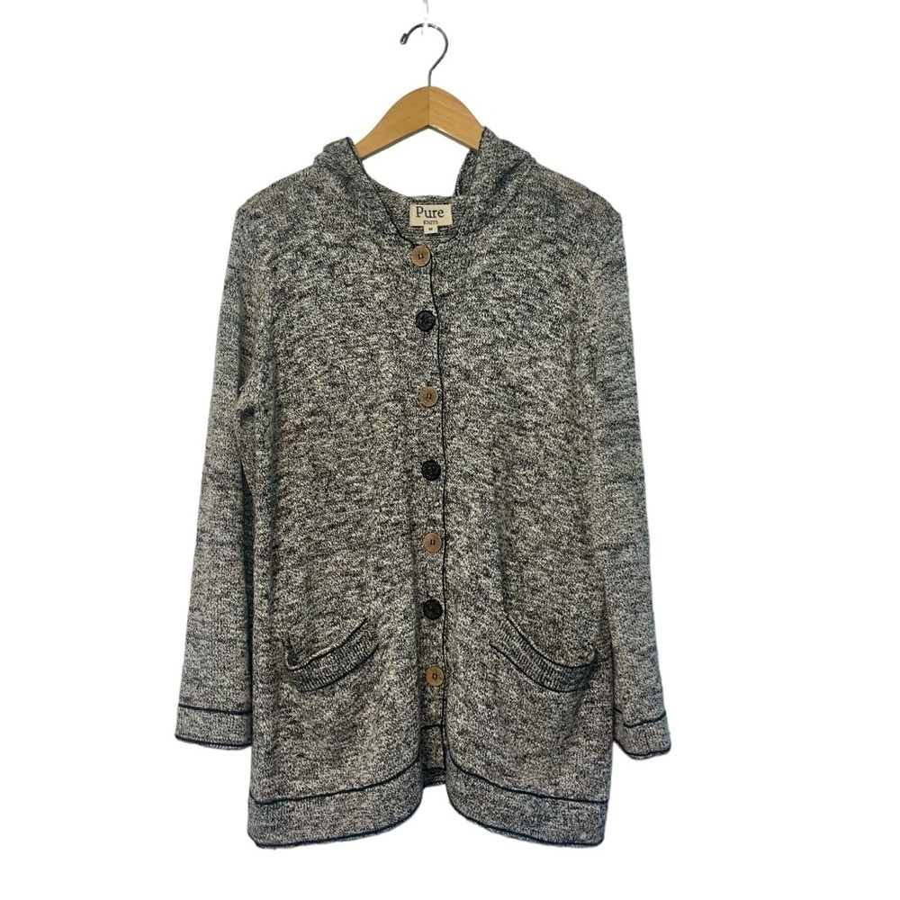 Pure Handknit Cardigan Sweater Black White Tight Knit Multi Button Detail Sz‎ M